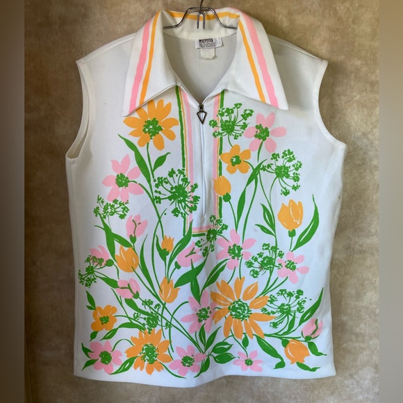 Montgomery Ward Tops - Vintage Montgomery Ward 60s 70s Floral Collared Zip Front Sleeveless Polo Large